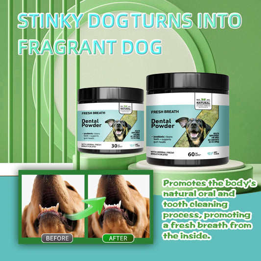 Natural Dog Cat Dental Care Powder - Mint flavored teeth cleaning formula freshens breath & prevents tartar formation for pets.