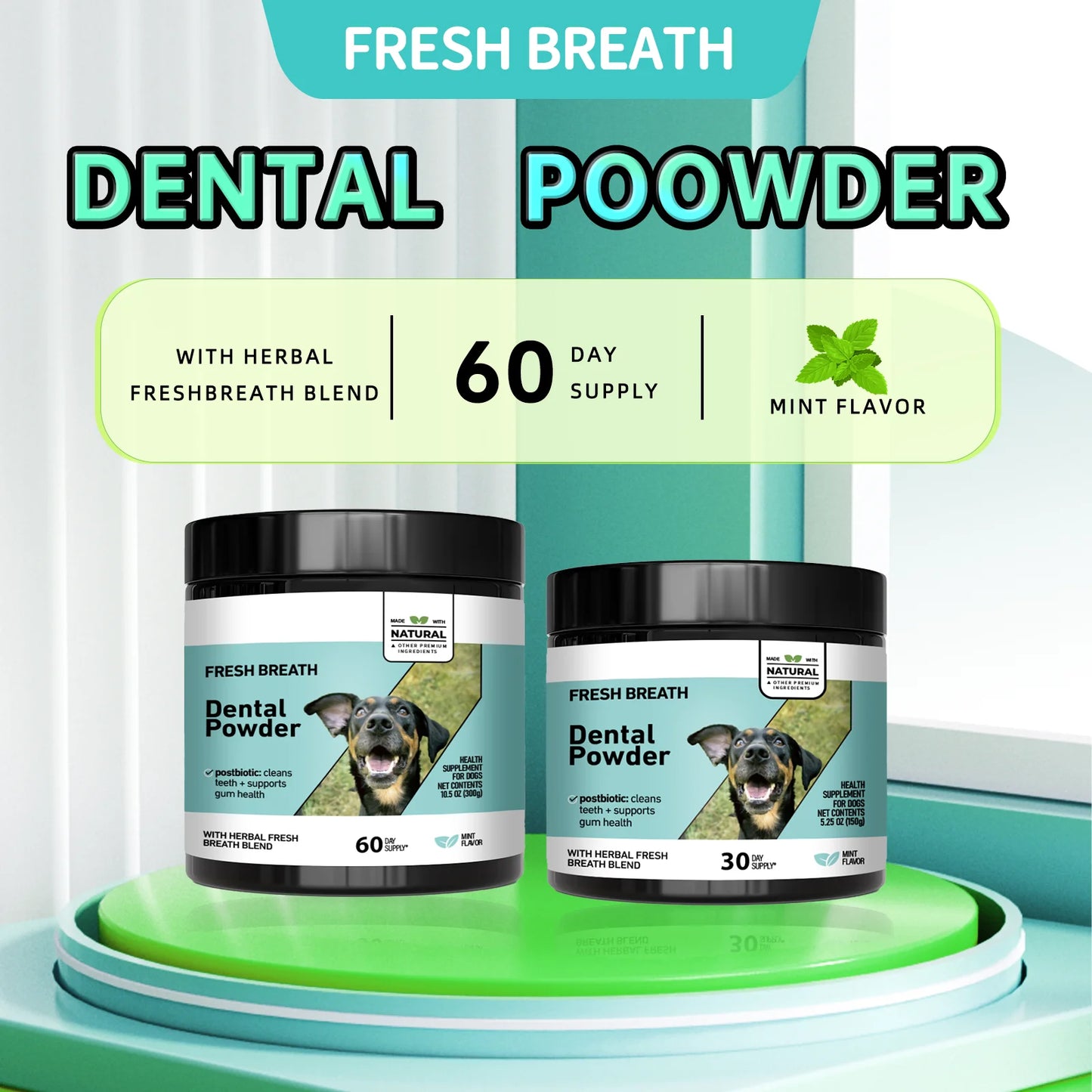 Natural Dog Cat Dental Care Powder - Mint flavored teeth cleaning formula freshens breath & prevents tartar formation for pets.