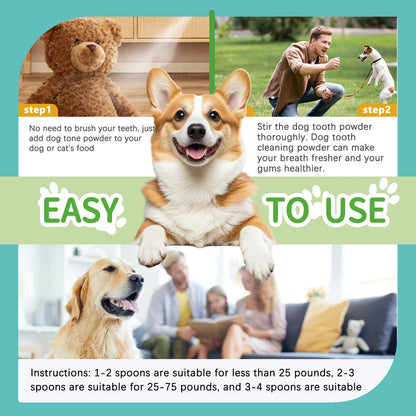 Natural Dog Cat Dental Care Powder - Mint flavored teeth cleaning formula freshens breath & prevents tartar formation for pets.