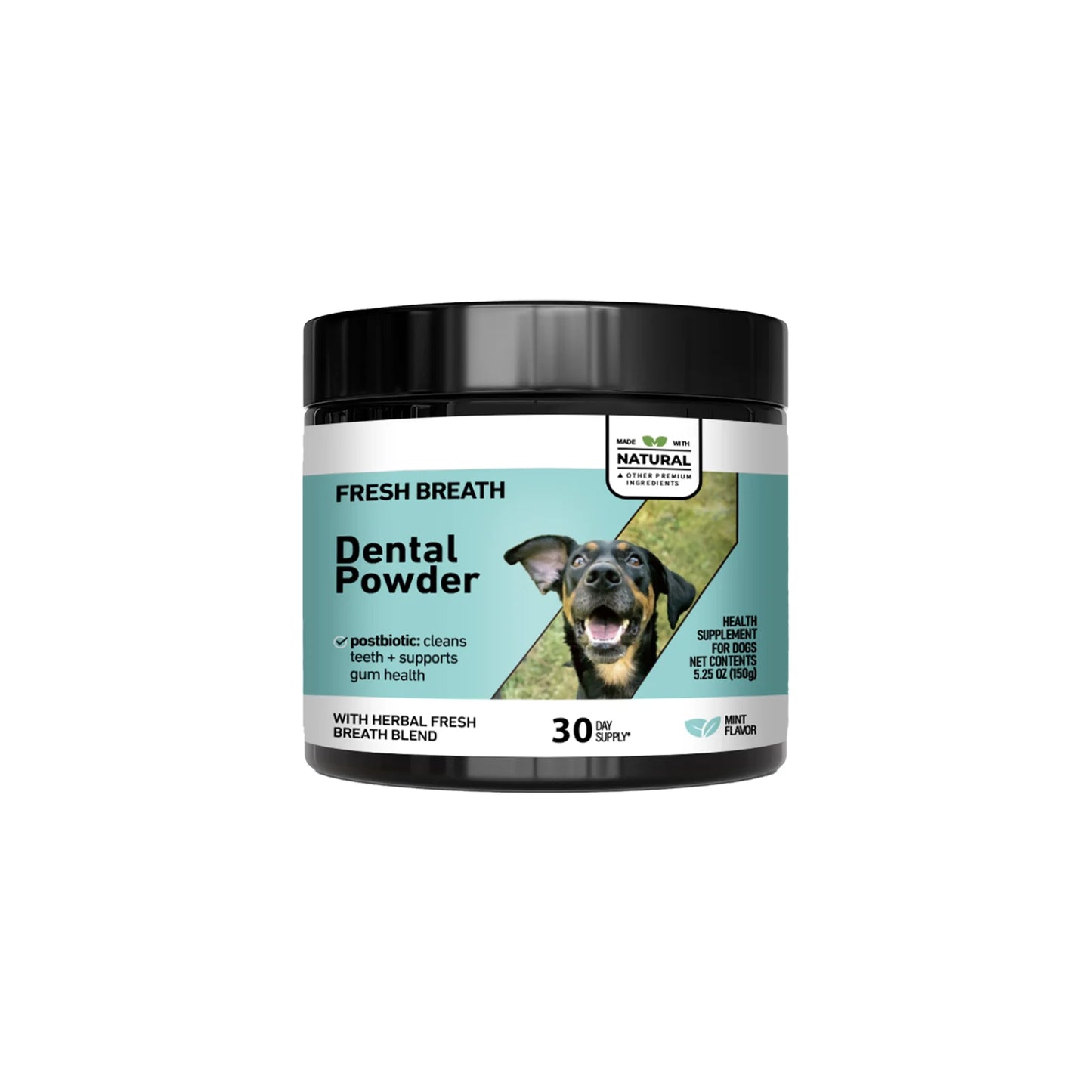 Natural Dog Cat Dental Care Powder - Mint flavored teeth cleaning formula freshens breath & prevents tartar formation for pets.