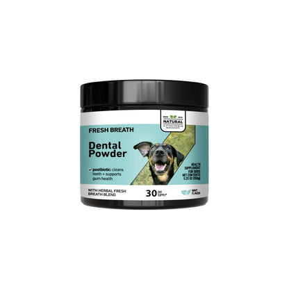 Natural Dog Cat Dental Care Powder - Mint flavored teeth cleaning formula freshens breath & prevents tartar formation for pets.