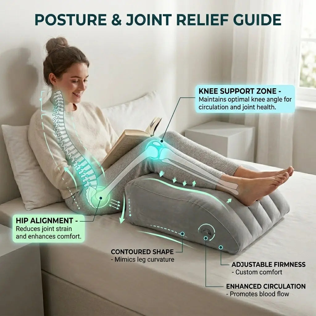 Woman with eyes closed, using an inflatable leg elevation pillow for back pain relief on an airplane