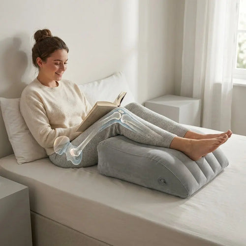 Woman using leg elevation pillow on airplane for back and leg pain relief