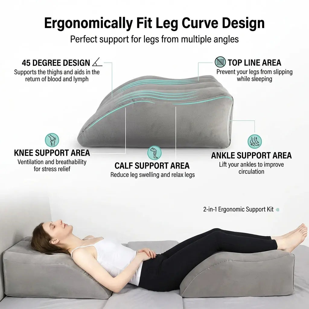 Adjusting the firmness of a portable leg elevation pillow by pressing down on the inflatable material with one hand